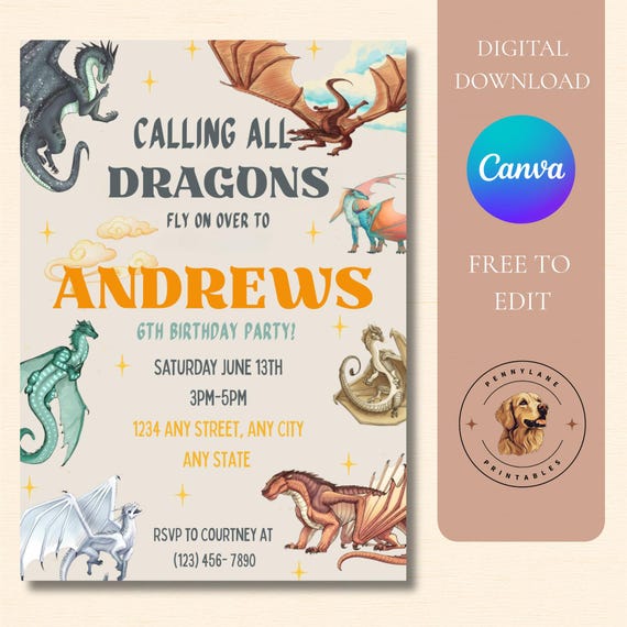 Wings of Fire Kids Birthday Invite Template, Dragon Party, Editable Birthday Invitation, Digital Download