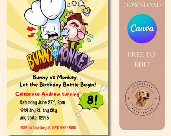Plantilla de invitación de cumpleaños de conejo contra mono / Invitación de cumpleaños infantil editable / Invitación digital para fiesta temática de batalla divertida
