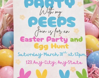 Plantilla editable de invitación para fiesta de Pascua / Invitación a la búsqueda de huevos de Pascua de Bunny Peeps