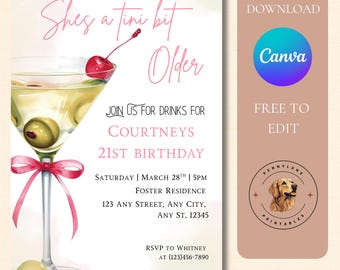 Invitación de cumpleaños para adultos mayores con Tini Bit, plantilla editable de cumpleaños de Martini
