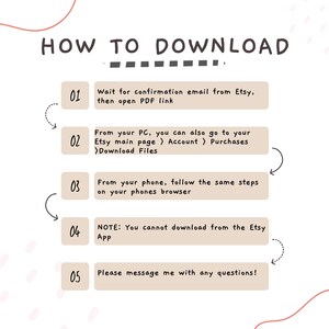 May include: An instructional graphic titled HOW TO DOWNLOAD with five numbered steps. It explains the process of accessing digital files from Etsy via email, PC, or mobile browser, noting that downloads are not available through the Etsy app.