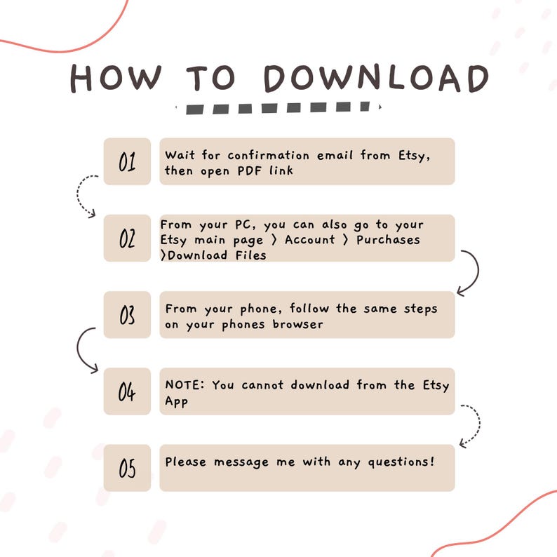 May include: An instructional graphic titled HOW TO DOWNLOAD with five numbered steps. It explains the process of accessing digital files from Etsy via email, PC, or mobile browser, noting that downloads are not available through the Etsy app.