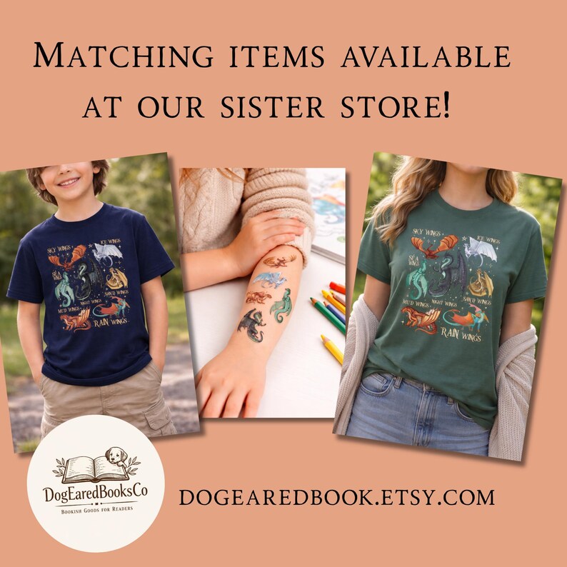 May include: A navy blue t-shirt and a dark green t-shirt, each featuring a graphic print of colorful dragons labeled with text including Sky Wings, Ice Wings, Sea Wings, Night Wings, Mud Wings, and Rain Wings. A forearm displays matching dragon tattoos.