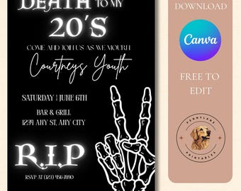 Invitación de cumpleaños para los veinteañeros, funeral por mi juventud, descarga digital, plantilla editable
