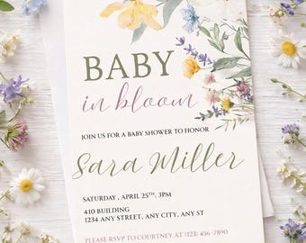 Invitación para baby shower con flores silvestres "Bebé en flor", plantilla editable de Canva (descarga digital)