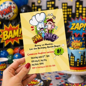 May include: A yellow birthday party invitation with the text "Bunny vs Monkey" and "Let the Birthday Battle Begin!" The invitation is held by a person. The invitation includes the party details and the number 8.