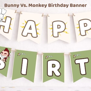 May include: A festive birthday banner with the text "HAPPY BIRTHDAY" in large, bold letters. The banner features alternating cream and green pennants, with cartoon illustrations of a bunny and monkey. The banner is strung on twine.
