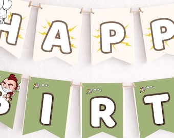 Pancarta de cumpleaños de conejos contra monos, pancarta para fiesta de cumpleaños infantil, banderines de feliz cumpleaños imprimibles, decoración para fiesta temática de la selva contra los conejos