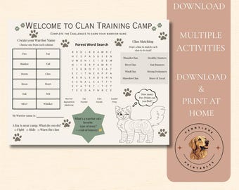 Hoja de actividades imprimible de Warrior Cats, juego para fiestas de cumpleaños infantiles, sopa de letras, emparejamiento de clanes, descarga instantánea en PDF.