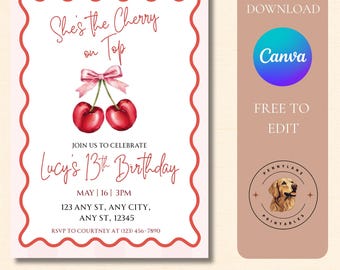 Invitación de cumpleaños "Cereza en la cima", plantilla editable