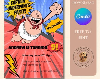 Captain Underpants Birthday Invitation Editable Canva Template, Superhero Comic Birthday Invite, Digital Download