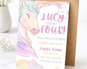 Plantilla editable de invitación de cumpleaños infantil con temática de unicornio, invitación a una fiesta de arcoíris mágico