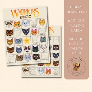 May include: Warriors Bingo game cards featuring illustrated cat faces and clan symbols in a grid format. The text reads Warriors Bingo, Free, River Clan, Star Clan, Thunder Clan, Sky Clan, Wind Clan, and Shadow Clan, with digital download details.