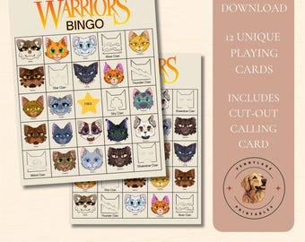 Juego de bingo del clan de los Gatos Guerreros, juego de bingo imprimible para niños, juego para fiestas de animales, actividad para el aula, juego para fiestas de cumpleaños, descarga digital en PDF.