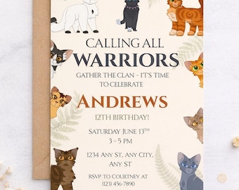 Warrior Cat Inspired Birthday Invitation, Editable Template