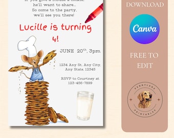 Plantilla de invitación de cumpleaños "Si le das una galleta a un ratón" / Invitación editable para fiesta infantil de galletas / Descarga digital imprimible