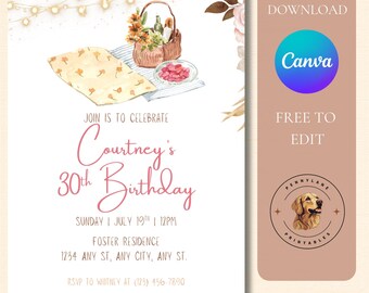 Invitación de cumpleaños estilo picnic bohemio para fiesta en el jardín (descarga instantánea)