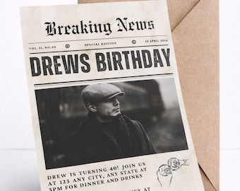 Invitación de cumpleaños con periódico vintage / Plantilla editable de Canva (descarga digital)