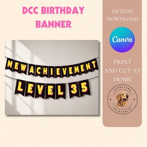 May include: A birthday banner featuring two rows of black pennants with a dark space-themed background. The yellow text reads NEW ACHIEVEMENT on the top row and LEVEL 35 on the bottom row. The banner is strung on black cord for display.