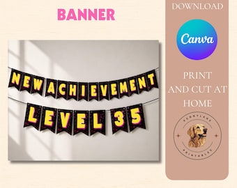May include: A birthday banner featuring two rows of black pennants with a dark space-themed background. The yellow text reads NEW ACHIEVEMENT on the top row and LEVEL 35 on the bottom row. The banner is strung on black cord for display.