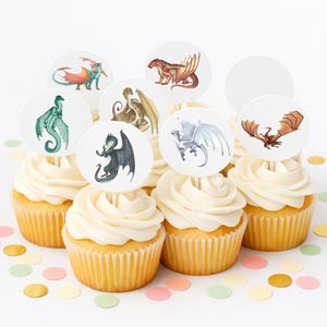 May include: Cupcakes with white frosting and dragon-themed toppers. The toppers feature colorful illustrations of dragons in various poses. The cupcakes are decorated with colorful confetti.