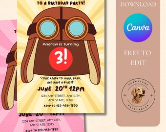 Danny Go Birthday Invitation Template | Editable Canva Invite | Kids 3rd Birthday Party | Aviator Hat Goggles Theme