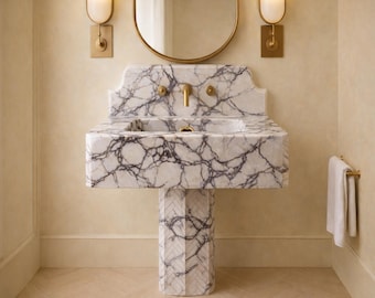 Hand Carved Calacatta Viola Marble Pedestal Sink – Italian Stone Vanity, Handcrafted Statement Basin