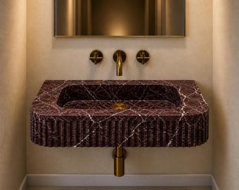 Lavabo in marmo Rosso Levanto intagliato a mano, lavabo scanalato per mobile bagno, supporto a parete in pietra rosso bordeaux.