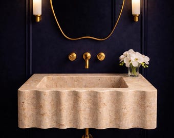 Hand Carved Travertine Sink – Wavy Front Floating Bathroom Vanity Basin