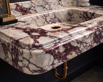 Calacatta Viola Marble Sink – Wall Mounted Floating Stone Vanity, Breccia Veined Bathroom Washbasin
