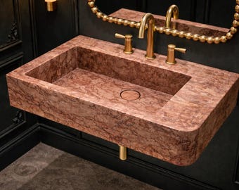 Lavabo en travertin rouge sculpté à la main - Lavabo de salle de bain en pierre naturelle fixé au mur