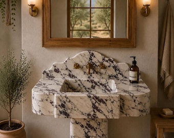 Calacatta Viola Marble Pedestal Sink, Hand Carved Natural Stone Wash Basin