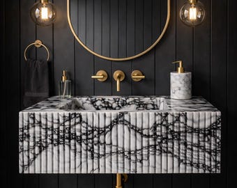 Calacatta Viola Marble Sink – Ribbed Fluted Wall Mounted Basin, Luxury  Stone Handmade Vanity
