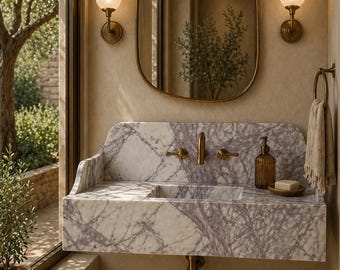 Calacatta Viola Marble Sink – Hand-Carved Lilac Stone Floating Vanity