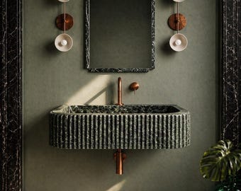 Handmade Green Marble Fluted Wall Mounted Sink, Natural Stone Floating Vanity, Oval Washbasin