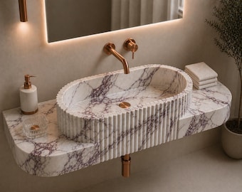 Calacatta Viola Marble Fluted Sink – Luxury Wall Mounted Vanity Washbasin