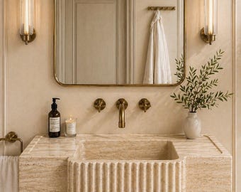 Lavabo de mármol travertino tallado a mano, tocador de piedra acanalada y estriada, lavabo de baño flotante de lujo.