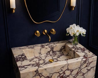 Handmade Calacatta Viola Marble Sink, Luxury Floating Wall Mount Vanity Washbasin