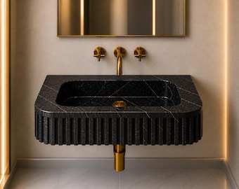 Nero Marquina Marmor Waschbecken, Handgeschnitztes Geriffeltes Schwimmende Eitelkeit, Luxus Badezimmer Becken