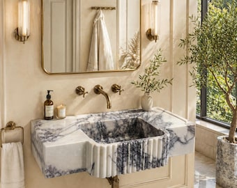 Lavabo de mármol lila tallado a mano, tocador de pared con frontal acanalado, baño de piedra natural