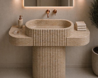 Travertine Pedestal Sink – Fluted Stone Bathroom Vanity, Beige Marble Washbasin, Luxury Handmade Sink