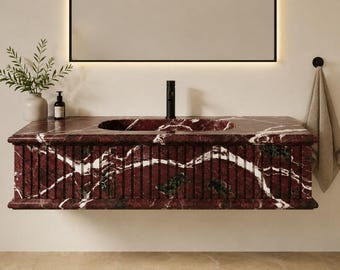 Rosso Levanto Marble Floating Sink, Handmade Ribbed Vanity, Natural Stone Washbasin