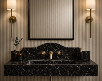 Nero Marquina Marble Wall Mounted Sink – Hand-Carved Floating Black Marble Vanity with Brass Drain