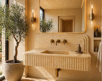 Handgesneden gootsteen van travertijn, gecanneleerde ijdelheid, luxe stenen bekken