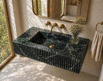 Green Levanto Marble Sink – Fluted Ribbed Floating Vanity, Hand Carved Natural Stone Basin