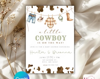 Cowboy Baby Shower Invitation Template, Little Cowboy On The Way Invite (Digital Download)