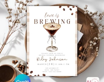 Love is Brewing, Espresso Martini Bridal Shower, Coffee Beans, Canva Template
