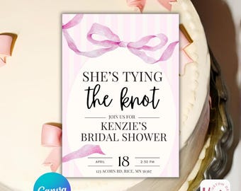 She’s Tying the Knot Bridal Shower Invitation | Pink Bridal Shower Invite | Editable Canva Template