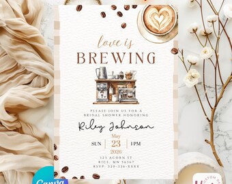 Love is Brewing Bridal Shower Invitation, Coffee Theme Template (Digital Download)