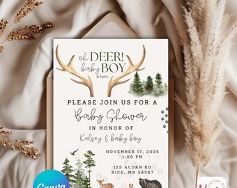 Woodland Baby Shower Invitation | Deer Boy Forest Animals (Digital Download)